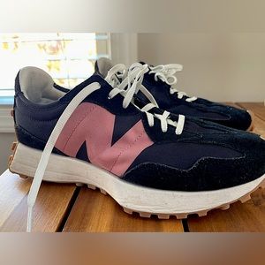 Women’s New Balance 327 navy with pink logo size 10.